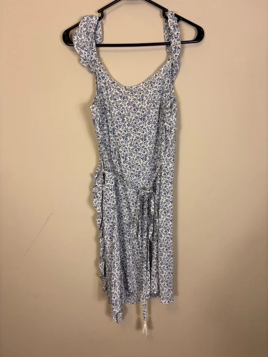 Madewell Blue & White Floral V Neck Wrap Dress with Ruffle Straps 6 - Picture 2 of 7